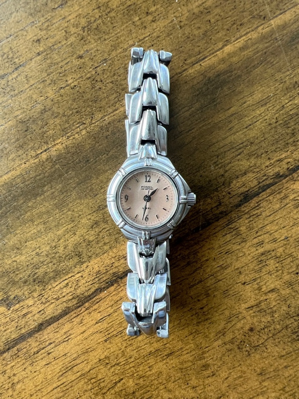 Fossil Silver Bracelet Watch with Pink Peach Mini Dial